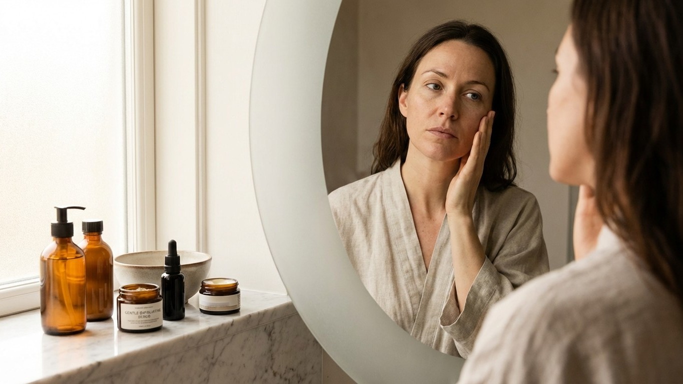 Routine naturelle teint terne : exfoliation douce, antioxydants et hydratation